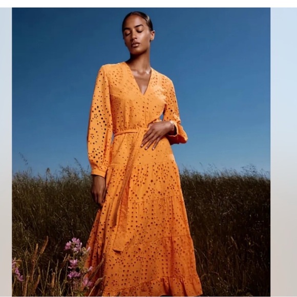 Zara Dresses & Skirts - ZARA WOMAN NEON ORANGE BELTED EMBROIDERED EYELET blogger Dress